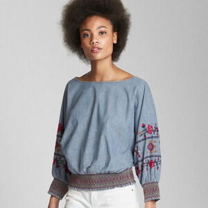 Gap Embroidered Smocked Long Sleeve Chambray Denim Top Size Women's XS